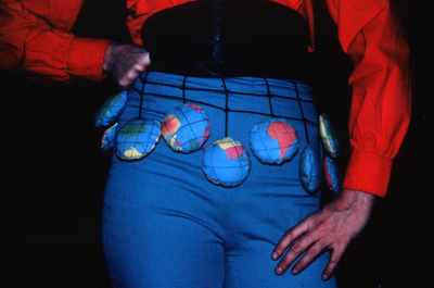 "Feminist Fashions" 1980s  In collaboration with Sabrina Jones, as part of The Carnival Knowledge collective.  These fashions were performed at Carnival Knowledge venues in NY, such as street fairs, colleges, and night clubs.